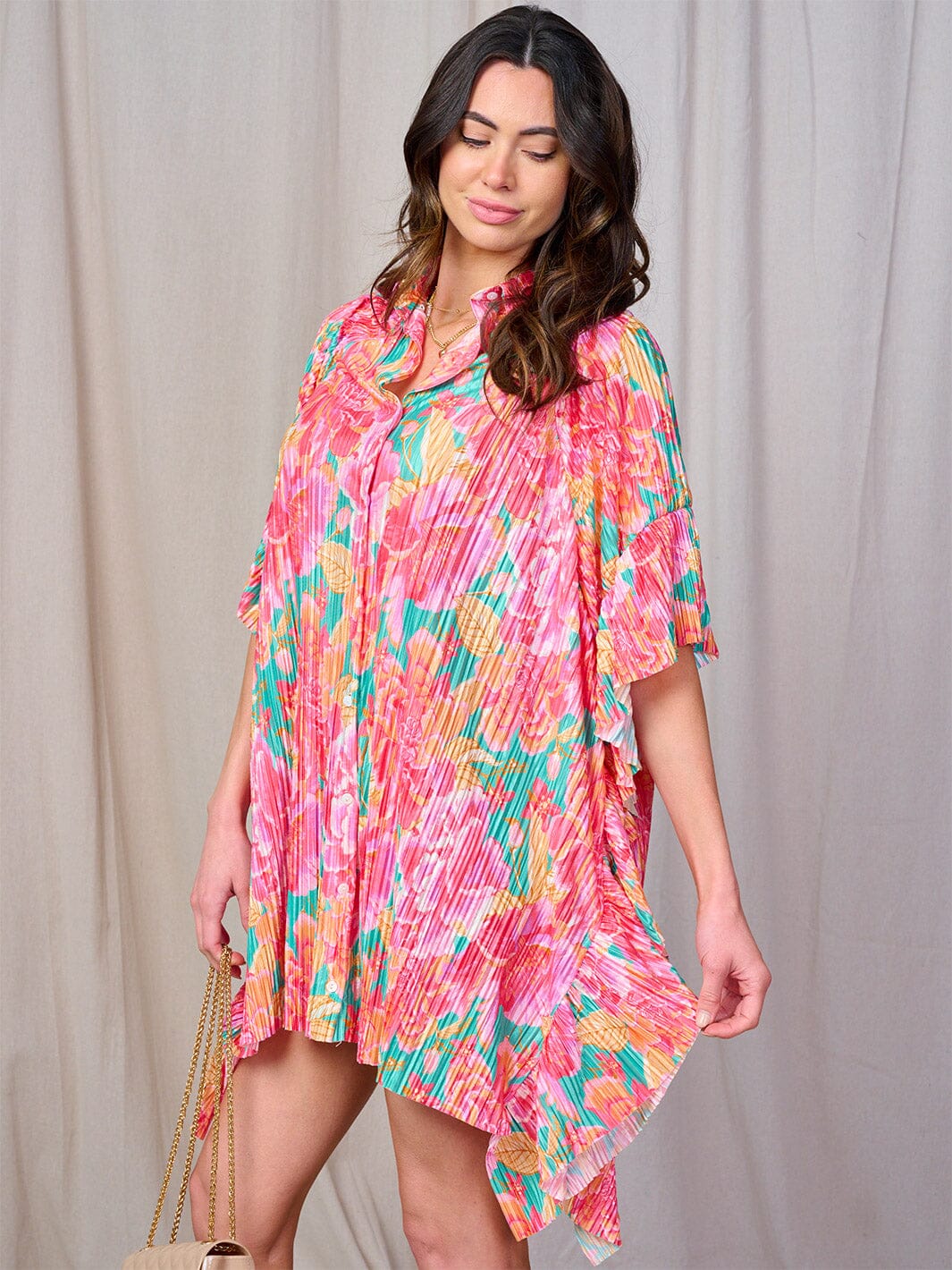 WOMEN'S SHORT SLEEVE BUTTON UP RUFFLE FLORAL PRINT TUNIC MINI DRESS