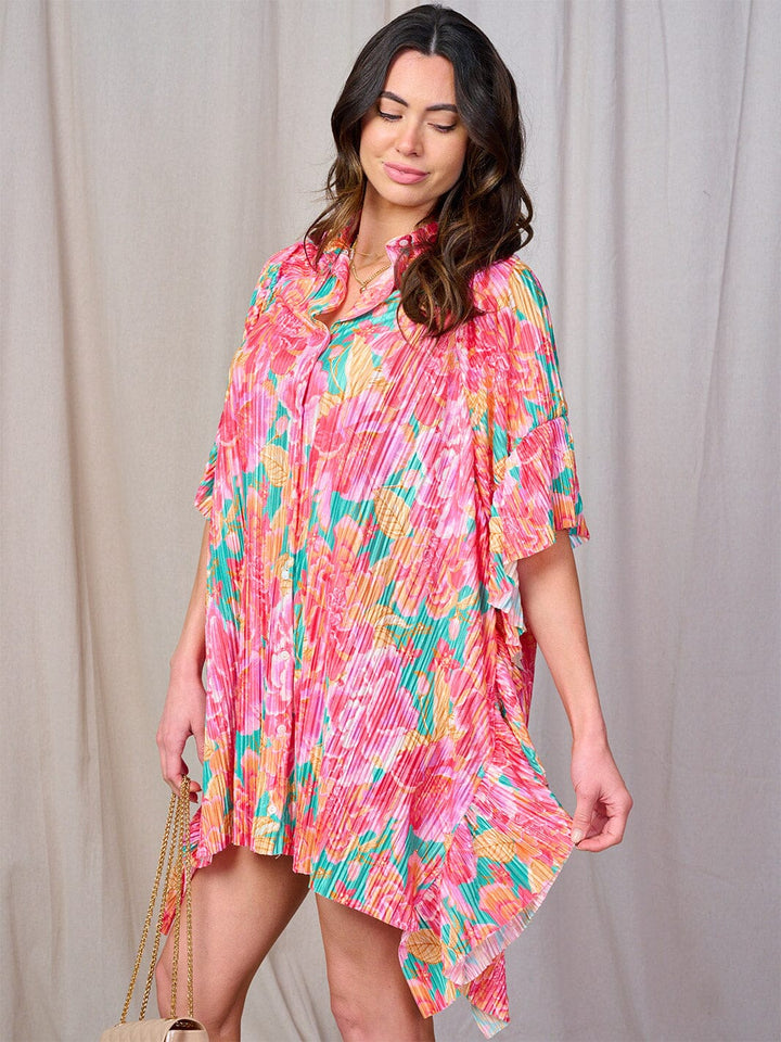 WOMEN'S SHORT SLEEVE BUTTON UP RUFFLE FLORAL PRINT TUNIC MINI DRESS