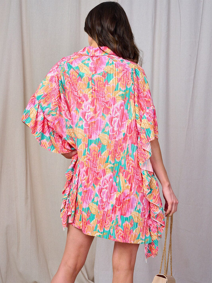 WOMEN'S SHORT SLEEVE BUTTON UP RUFFLE FLORAL PRINT TUNIC MINI DRESS