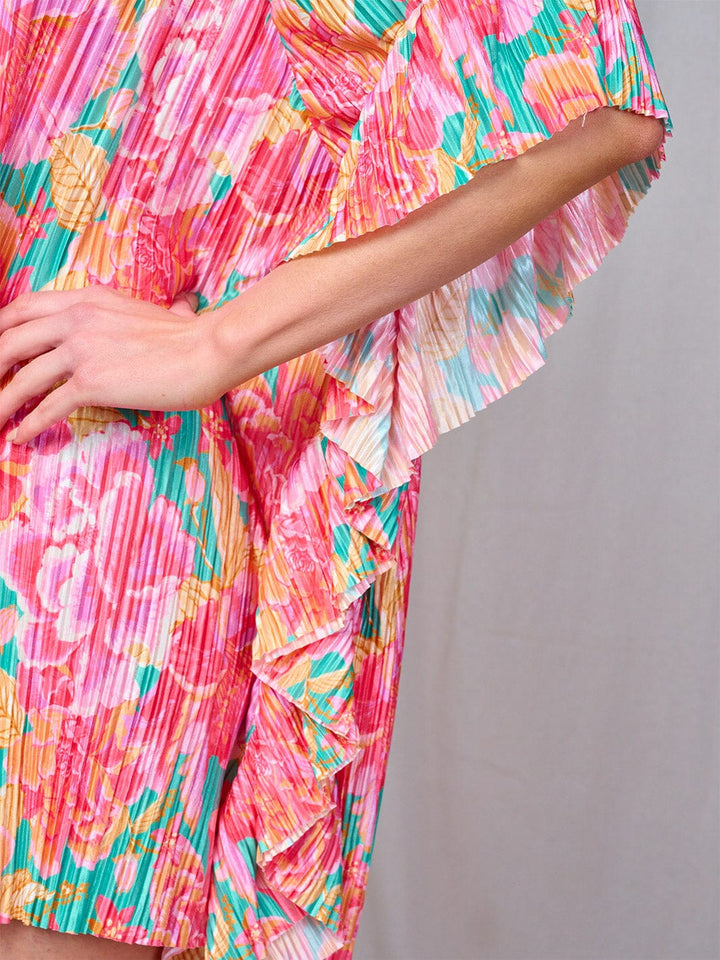 WOMEN'S SHORT SLEEVE BUTTON UP RUFFLE FLORAL PRINT TUNIC MINI DRESS