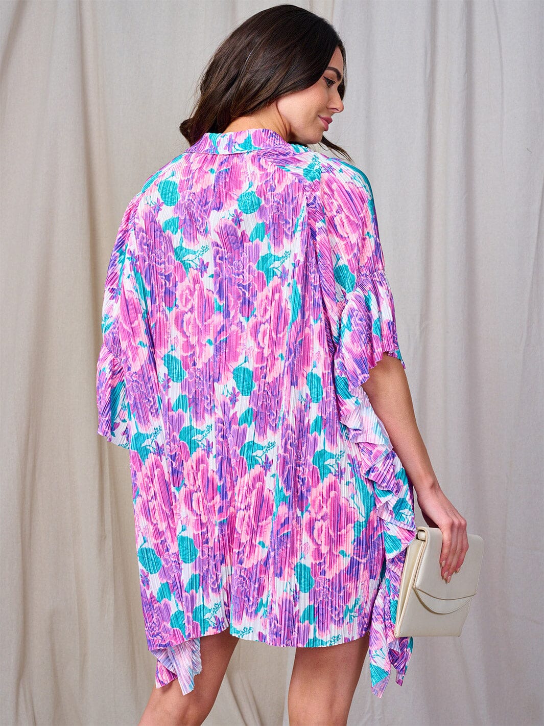 WOMEN'S SHORT SLEEVE BUTTON UP RUFFLE FLORAL PRINT TUNIC MINI DRESS