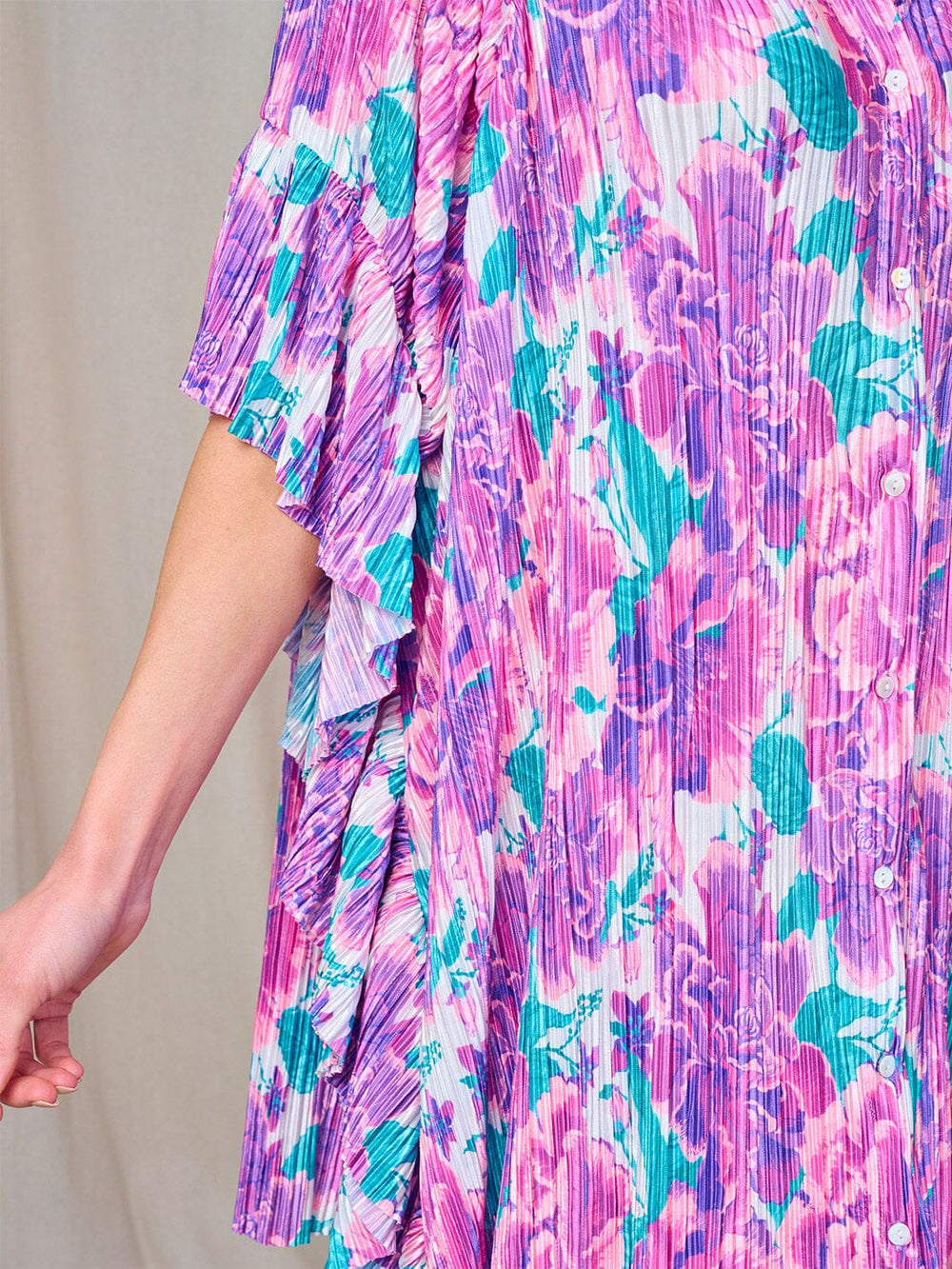 WOMEN'S SHORT SLEEVE BUTTON UP RUFFLE FLORAL PRINT TUNIC MINI DRESS