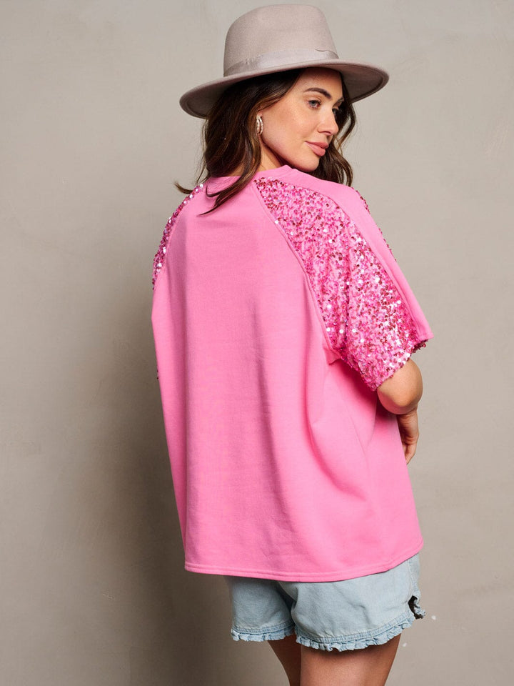 WOMEN'S SHORT SEQUINS SLEEVE BLOUSE TOP