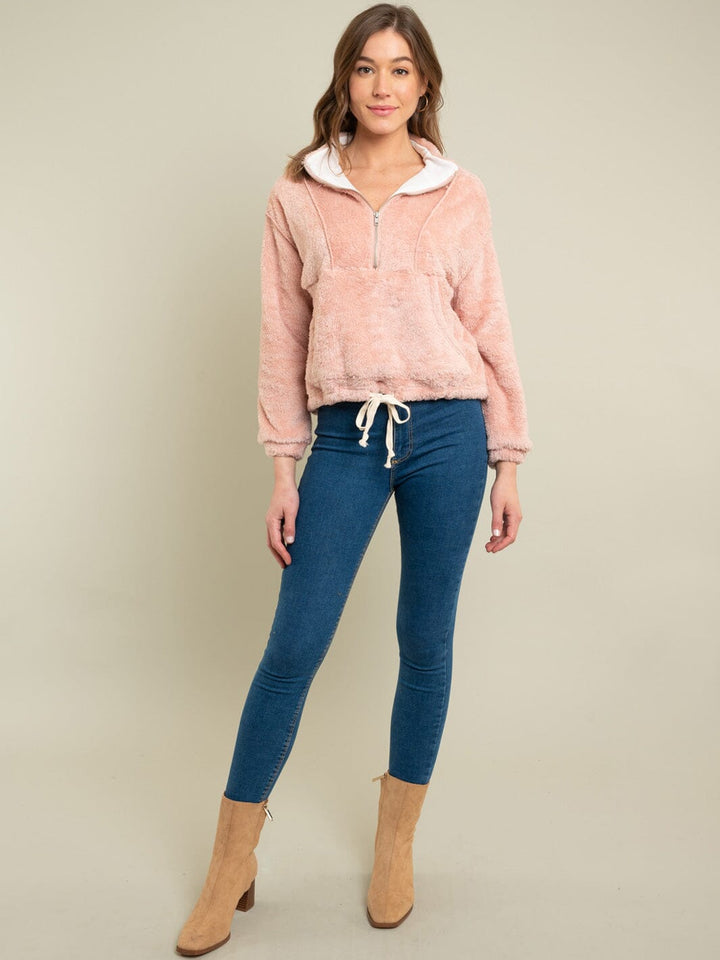 WOMEN'S LONG SLEEVE ZIP UP FRONT POCKET PULLOVER TEDDY SWEATER