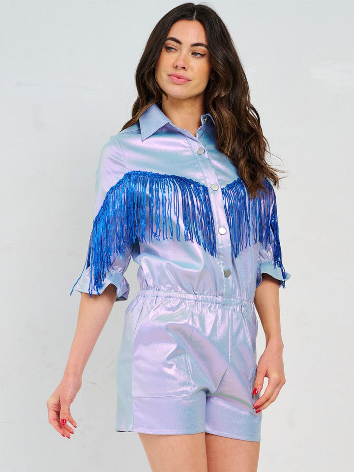 WOMEN'S SHORT SLEEVE BUTTON UP ELASTIC WAIST POCKETS METALLIC ROMPER