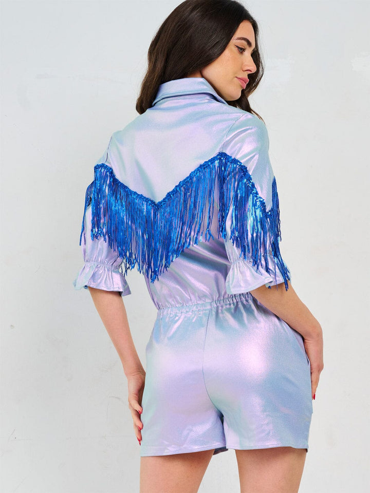 WOMEN'S SHORT SLEEVE BUTTON UP ELASTIC WAIST POCKETS METALLIC ROMPER