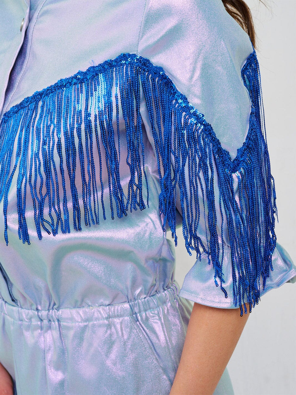 WOMEN'S SHORT SLEEVE BUTTON UP ELASTIC WAIST POCKETS METALLIC ROMPER