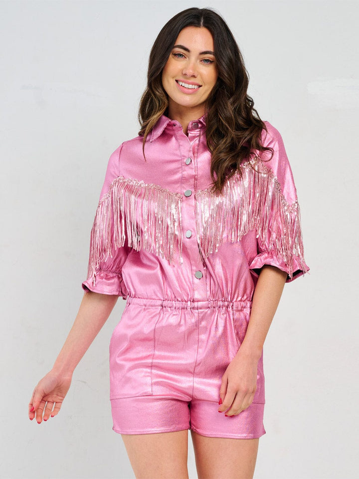 WOMEN'S SHORT SLEEVE BUTTON UP ELASTIC WAIST POCKETS METALLIC ROMPER