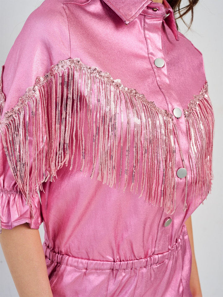 WOMEN'S SHORT SLEEVE BUTTON UP ELASTIC WAIST POCKETS METALLIC ROMPER