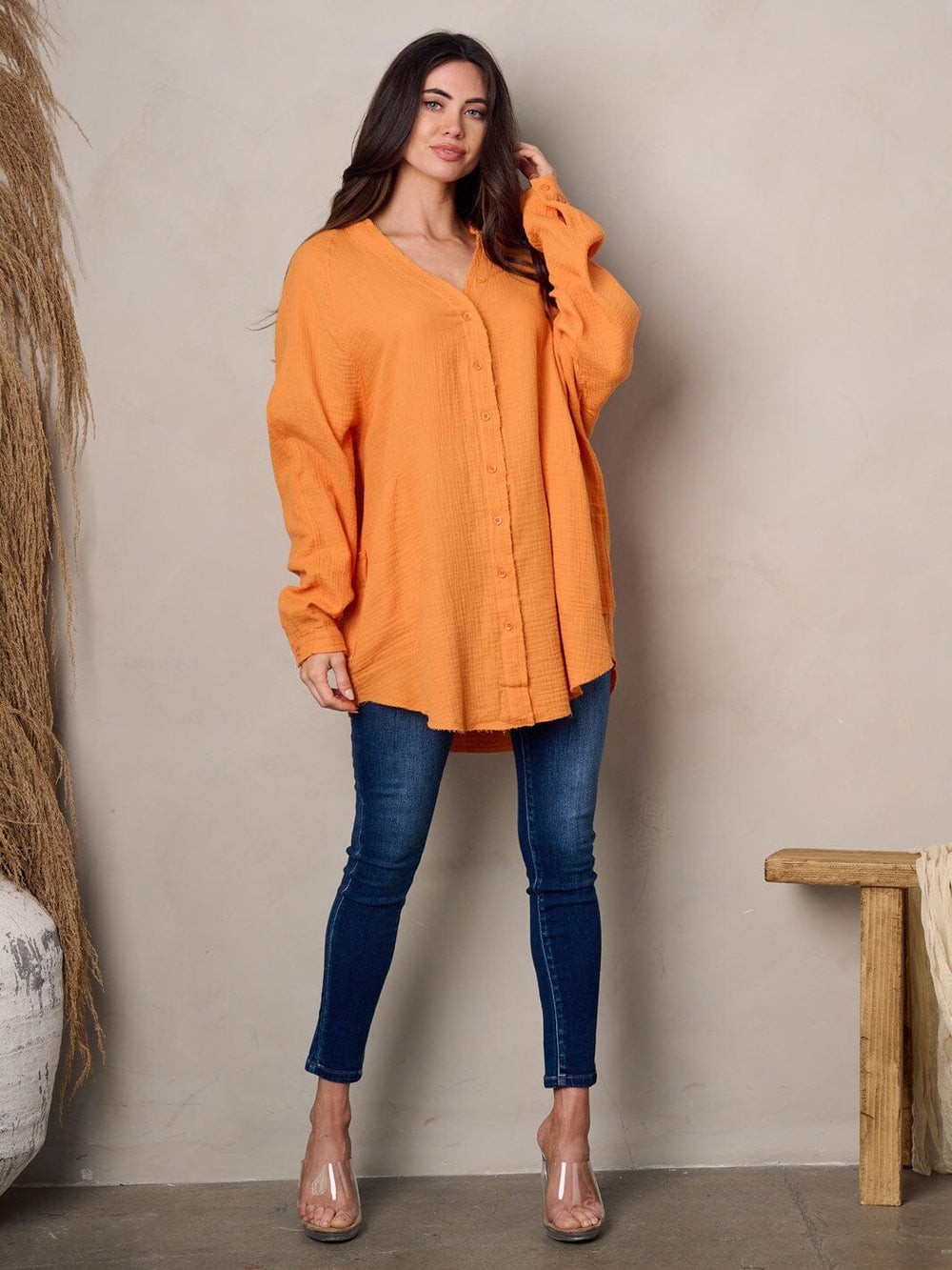 WOMEN'S LONG SLEEVE BUTTON UP TUNIC TOP