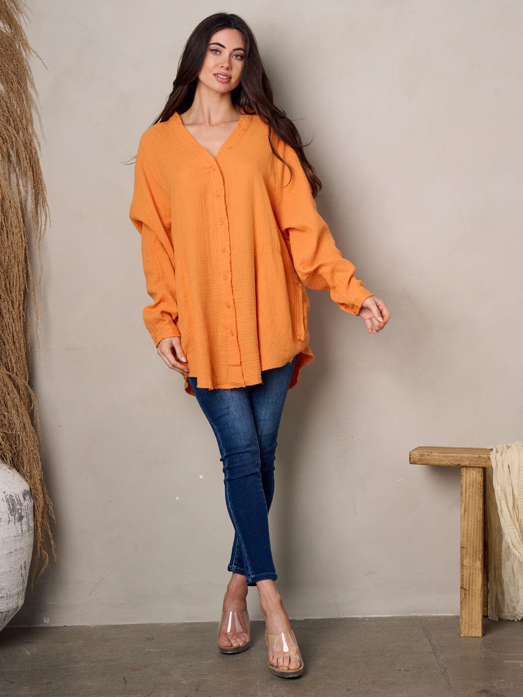 WOMEN'S LONG SLEEVE BUTTON UP TUNIC TOP