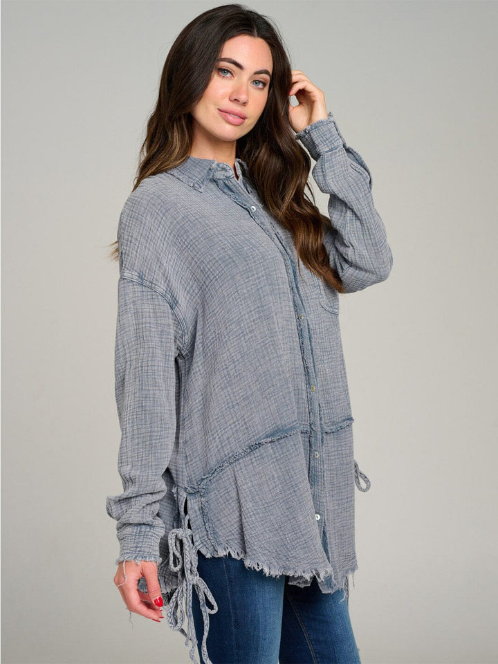 WOMEN'S LONG SLEEVE BUTTON UP FRONT POCKET OVERSIZED WASHED TOP