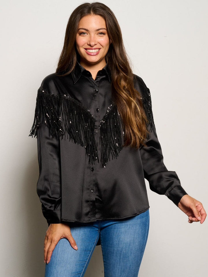 WOMEN'S LONG SLEEVE BUTTON UP SILK FRINGE BLOUSE TOP