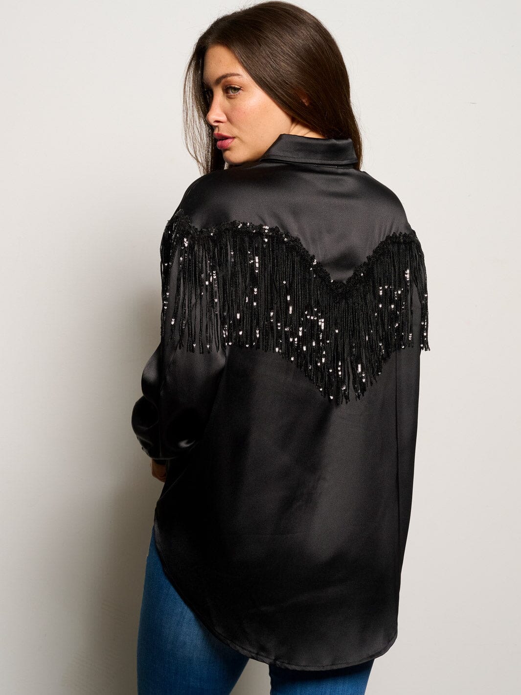 WOMEN'S LONG SLEEVE BUTTON UP SILK FRINGE BLOUSE TOP