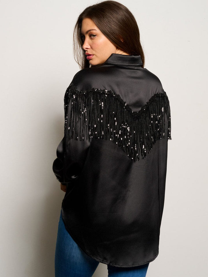 WOMEN'S LONG SLEEVE BUTTON UP SILK FRINGE BLOUSE TOP