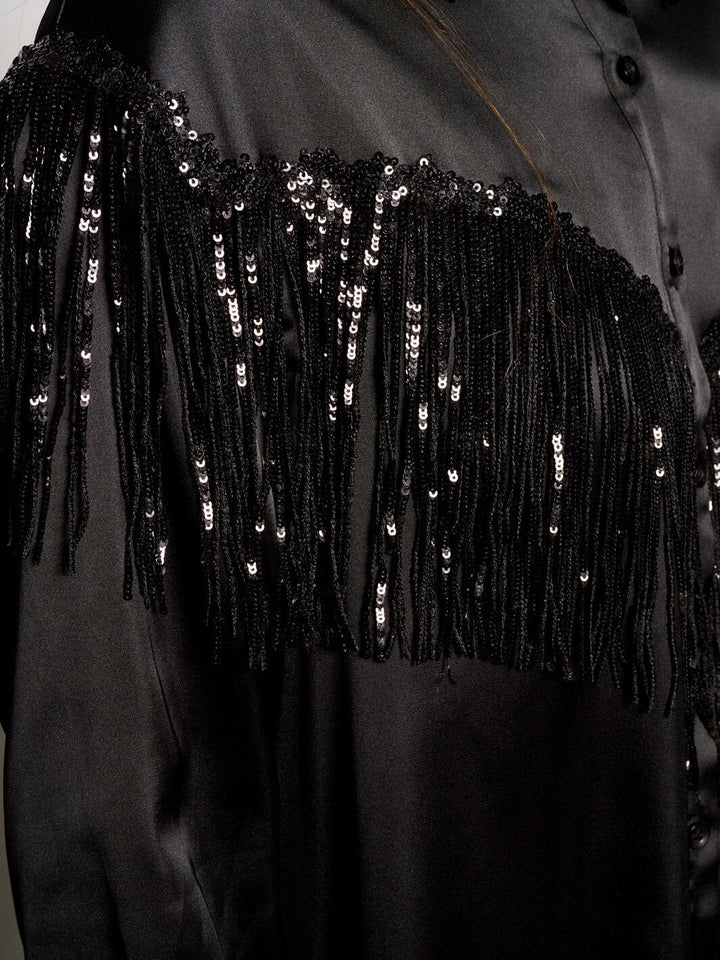 WOMEN'S LONG SLEEVE BUTTON UP SILK FRINGE BLOUSE TOP