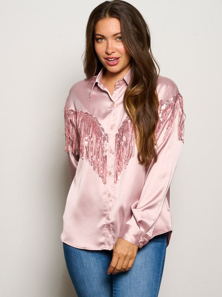 WOMEN'S LONG SLEEVE BUTTON UP SILK FRINGE BLOUSE TOP
