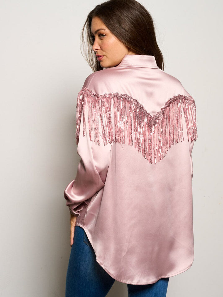 WOMEN'S LONG SLEEVE BUTTON UP SILK FRINGE BLOUSE TOP
