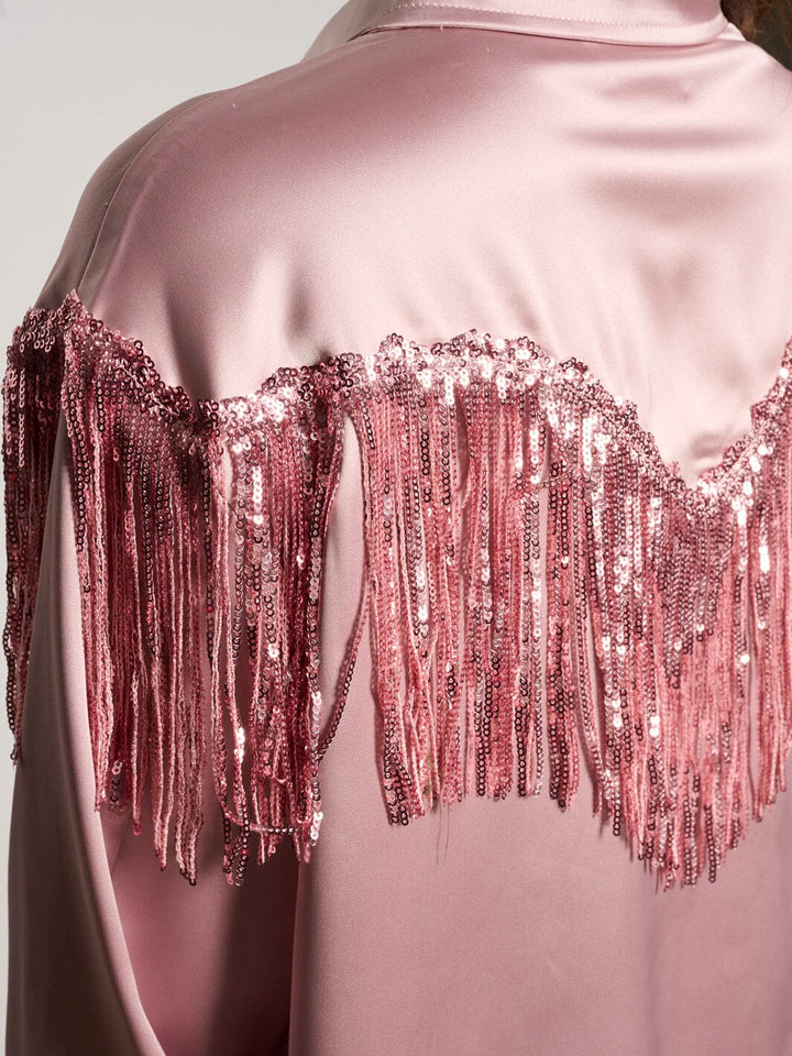 WOMEN'S LONG SLEEVE BUTTON UP SILK FRINGE BLOUSE TOP