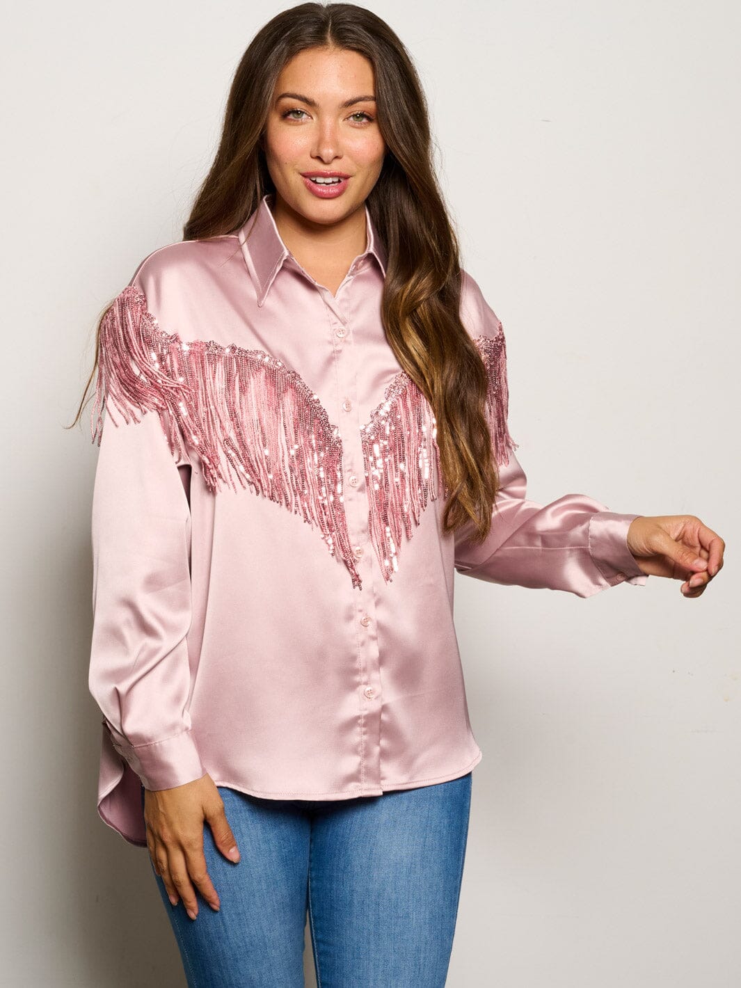 WOMEN'S LONG SLEEVE BUTTON UP SILK FRINGE BLOUSE TOP