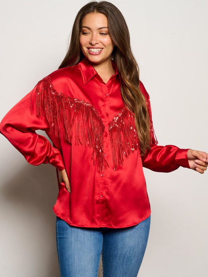 WOMEN'S LONG SLEEVE BUTTON UP SILK FRINGE BLOUSE TOP