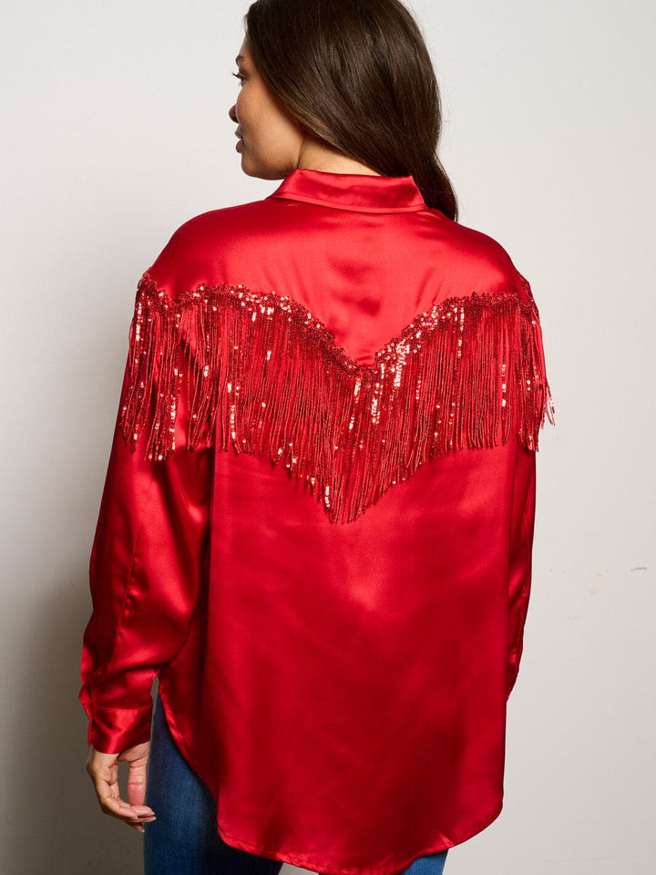 WOMEN'S LONG SLEEVE BUTTON UP SILK FRINGE BLOUSE TOP