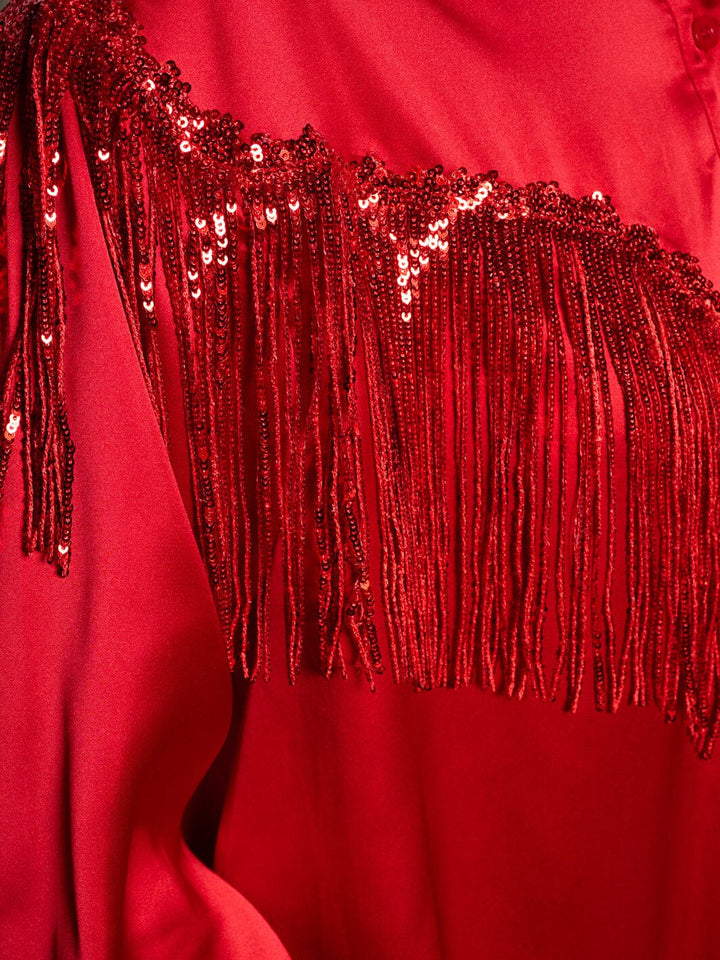WOMEN'S LONG SLEEVE BUTTON UP SILK FRINGE BLOUSE TOP