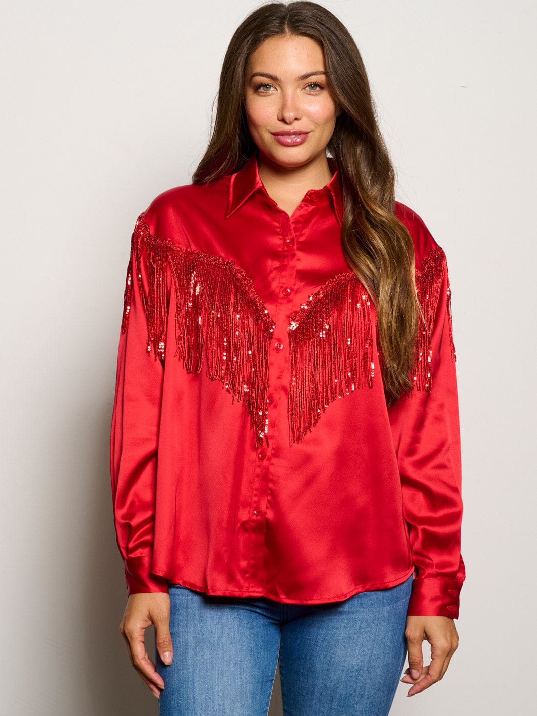 WOMEN'S LONG SLEEVE BUTTON UP SILK FRINGE BLOUSE TOP