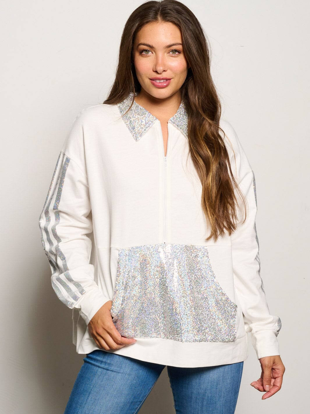 WOMEN'S LONG SLEEVE ZIP UPSEQUINS FRONT POCKETS SWEATER