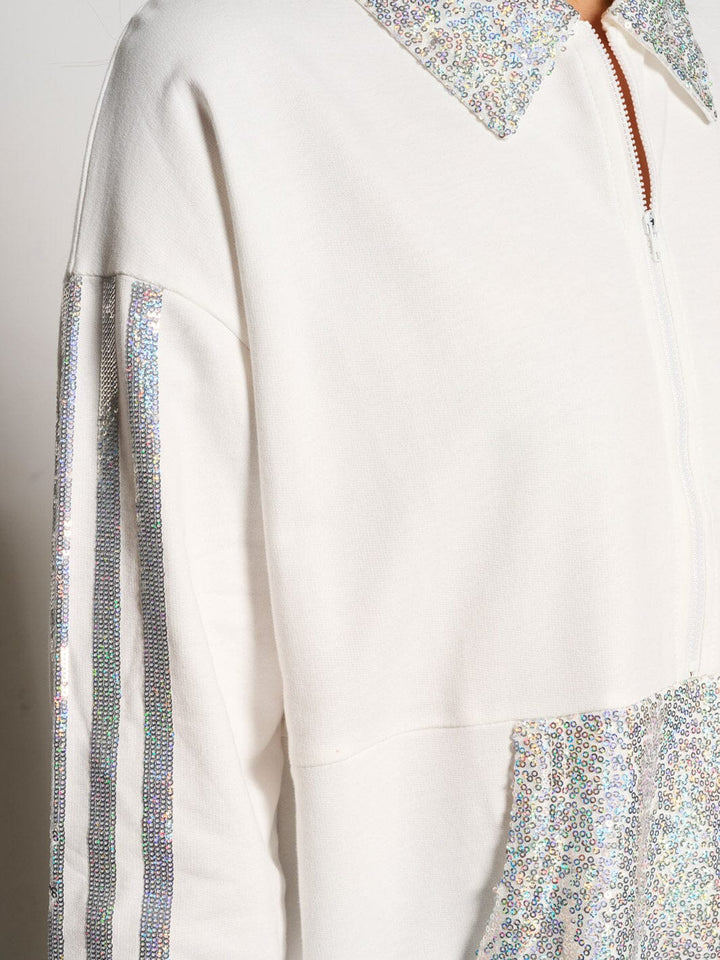WOMEN'S LONG SLEEVE ZIP UPSEQUINS FRONT POCKETS SWEATER