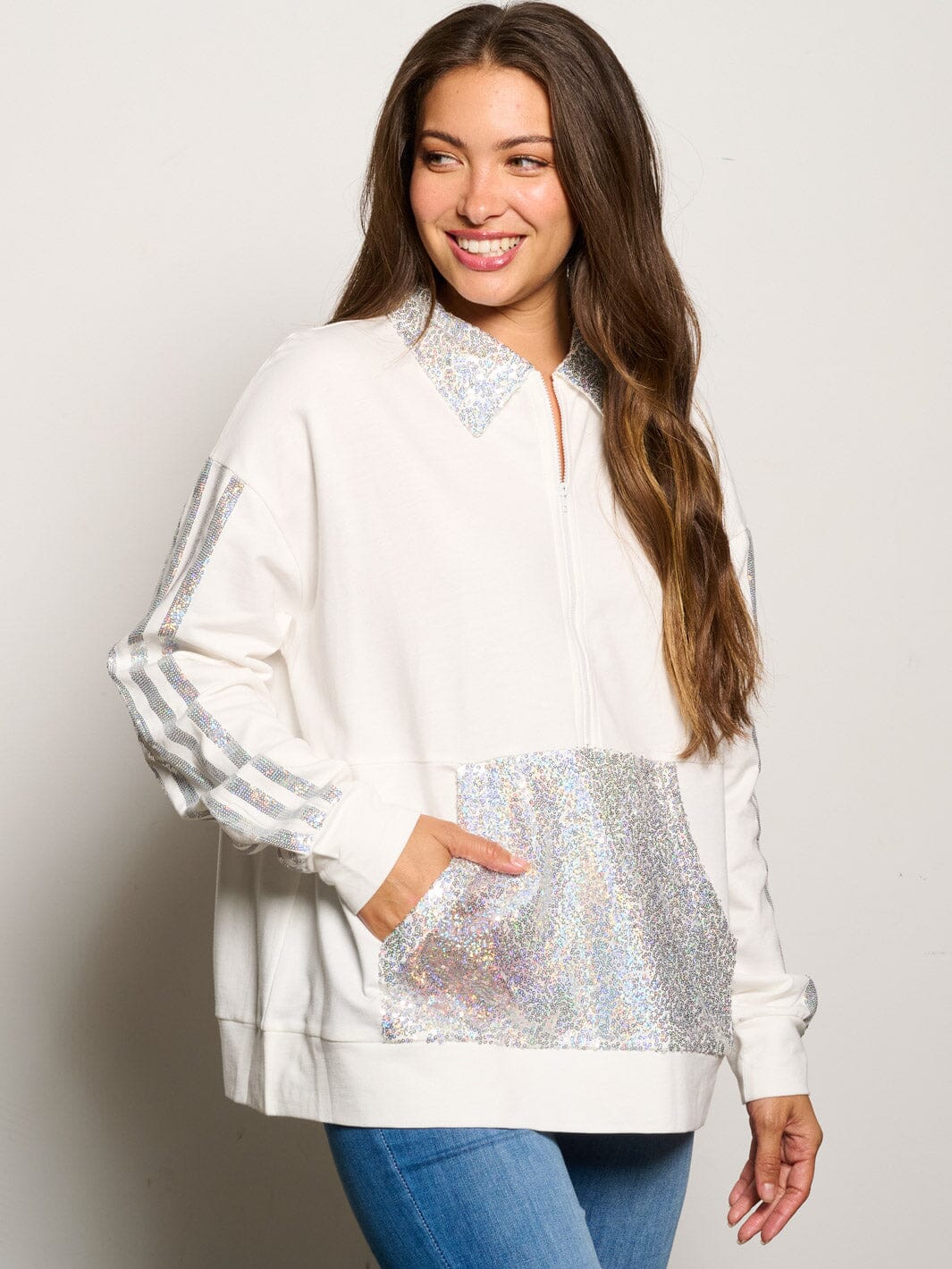 WOMEN'S LONG SLEEVE ZIP UPSEQUINS FRONT POCKETS SWEATER