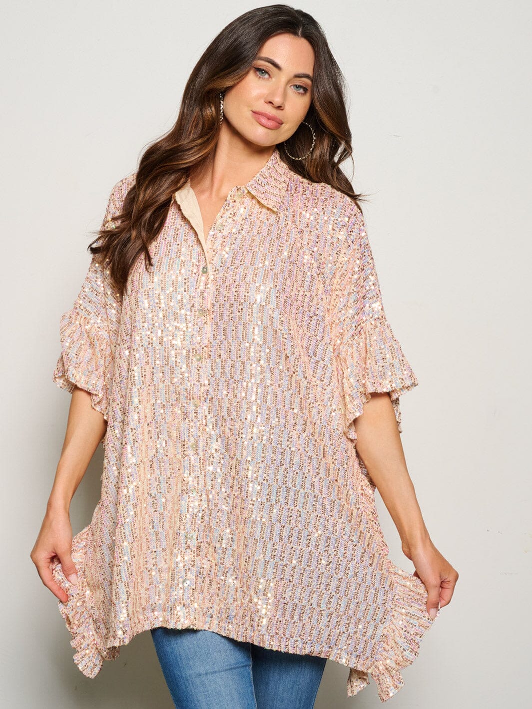 WOMEN'S SHORT SLEEVE RUFFLE SEQUINS BLOUSE TOP