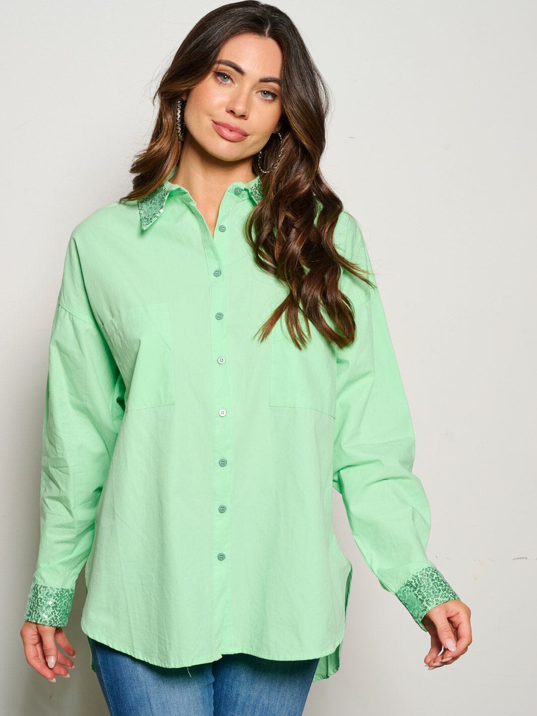 WOMEN'S LONG SLEEVE BUTTON UP SEQUINS GRAPHIC BLOUSE TOP