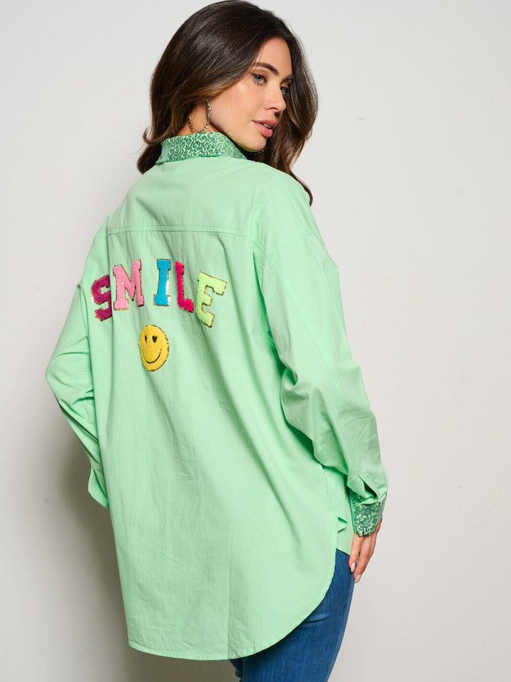 WOMEN'S LONG SLEEVE BUTTON UP SEQUINS GRAPHIC BLOUSE TOP