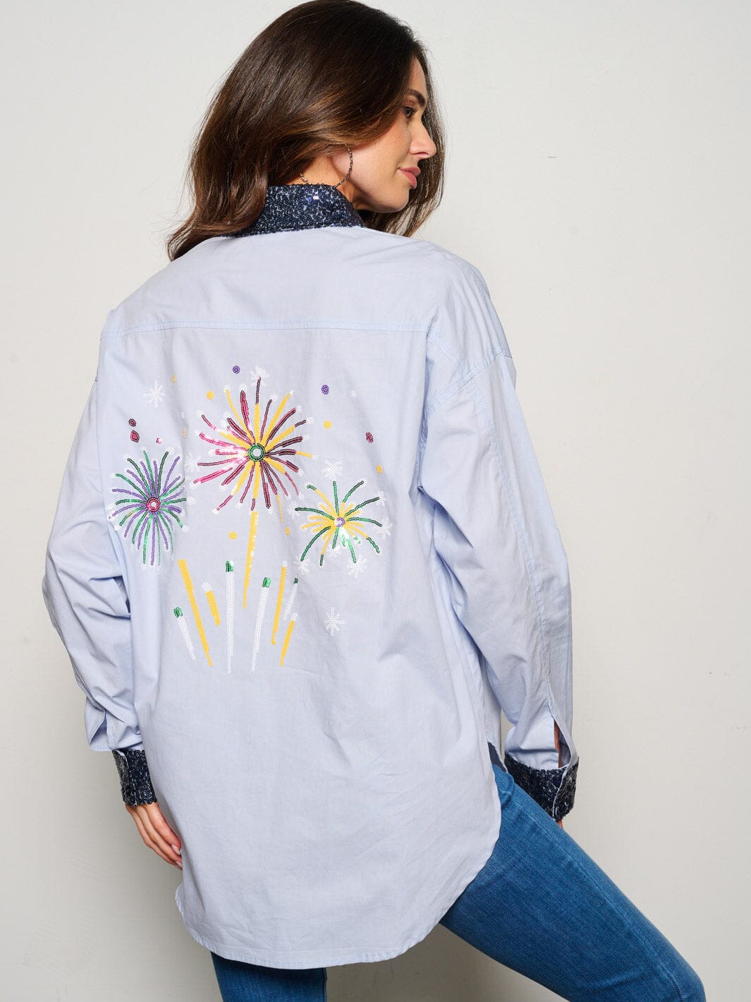 WOMEN'S LONG SLEEVE BUTTON UP SEQUINS GRAPHIC BLOUSE TOP