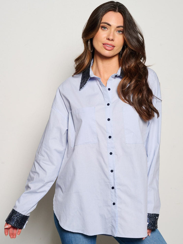 WOMEN'S LONG SLEEVE BUTTON UP SEQUINS GRAPHIC BLOUSE TOP