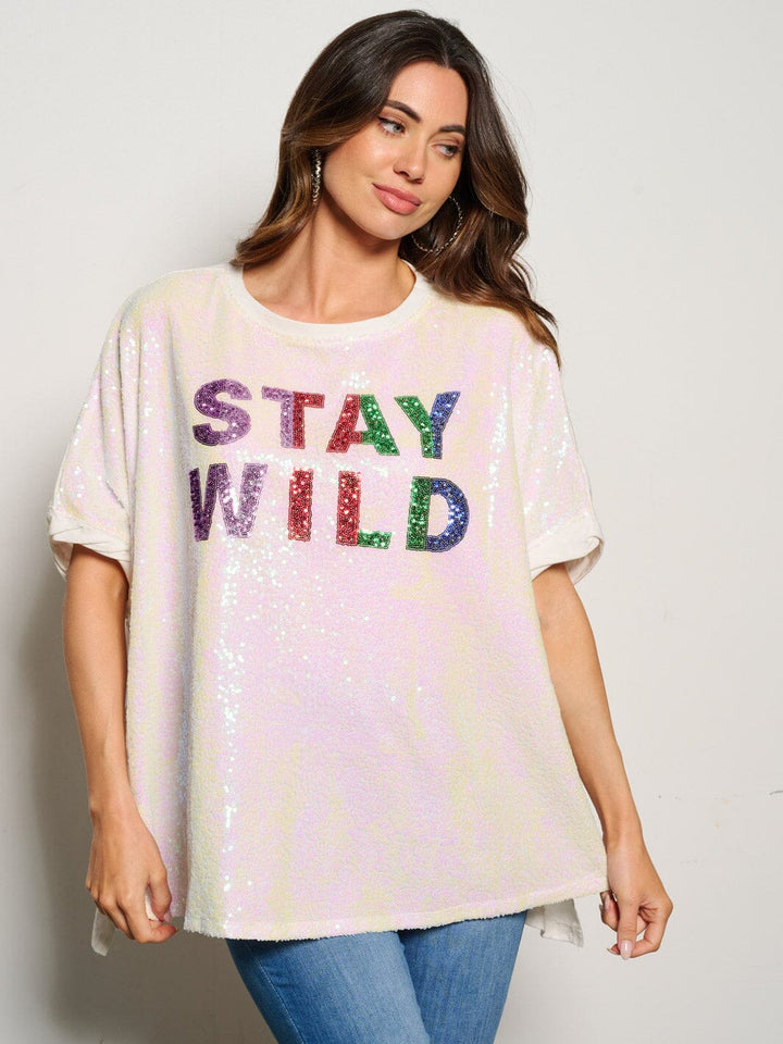 WOMEN'S SHORT SLEEVE STAY WILD SEQUINS GRAPHIC BLOUSE TOP