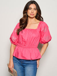 WOMEN'S SHORT PUFF SLEEVE STUDS DETAILED PEPLUM BLOUSE TOP