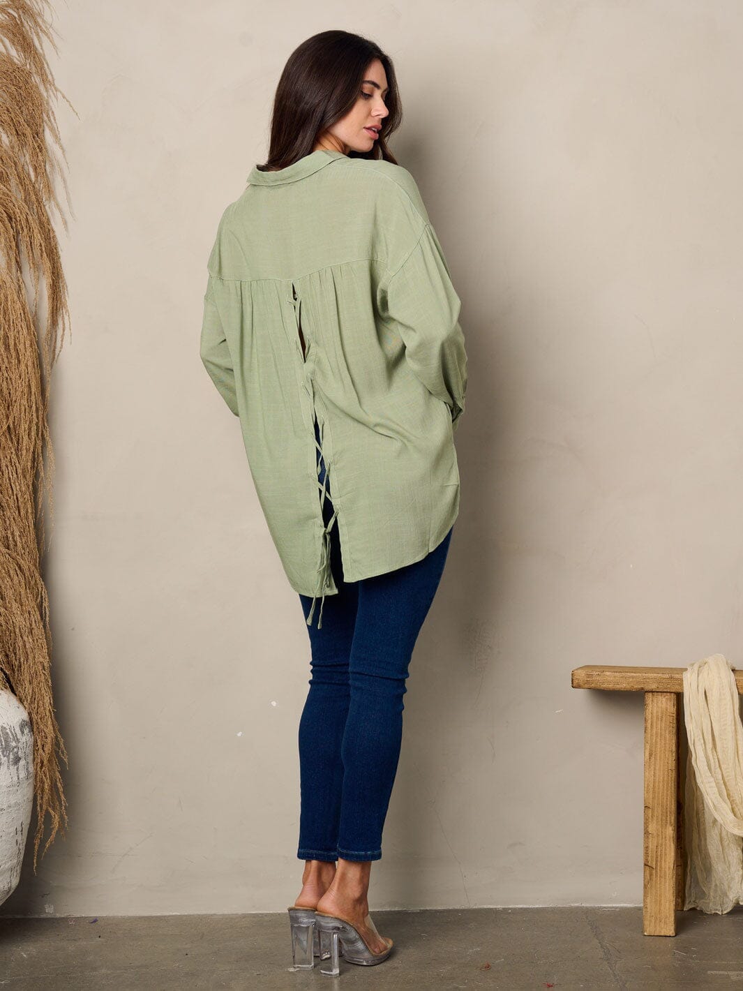 WOMEN'S LONG SLEEVE BUTTON UP BACK LACE UP TOP