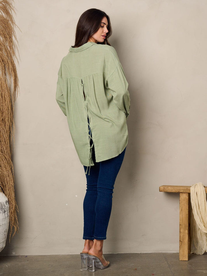 WOMEN'S LONG SLEEVE BUTTON UP BACK LACE UP TOP