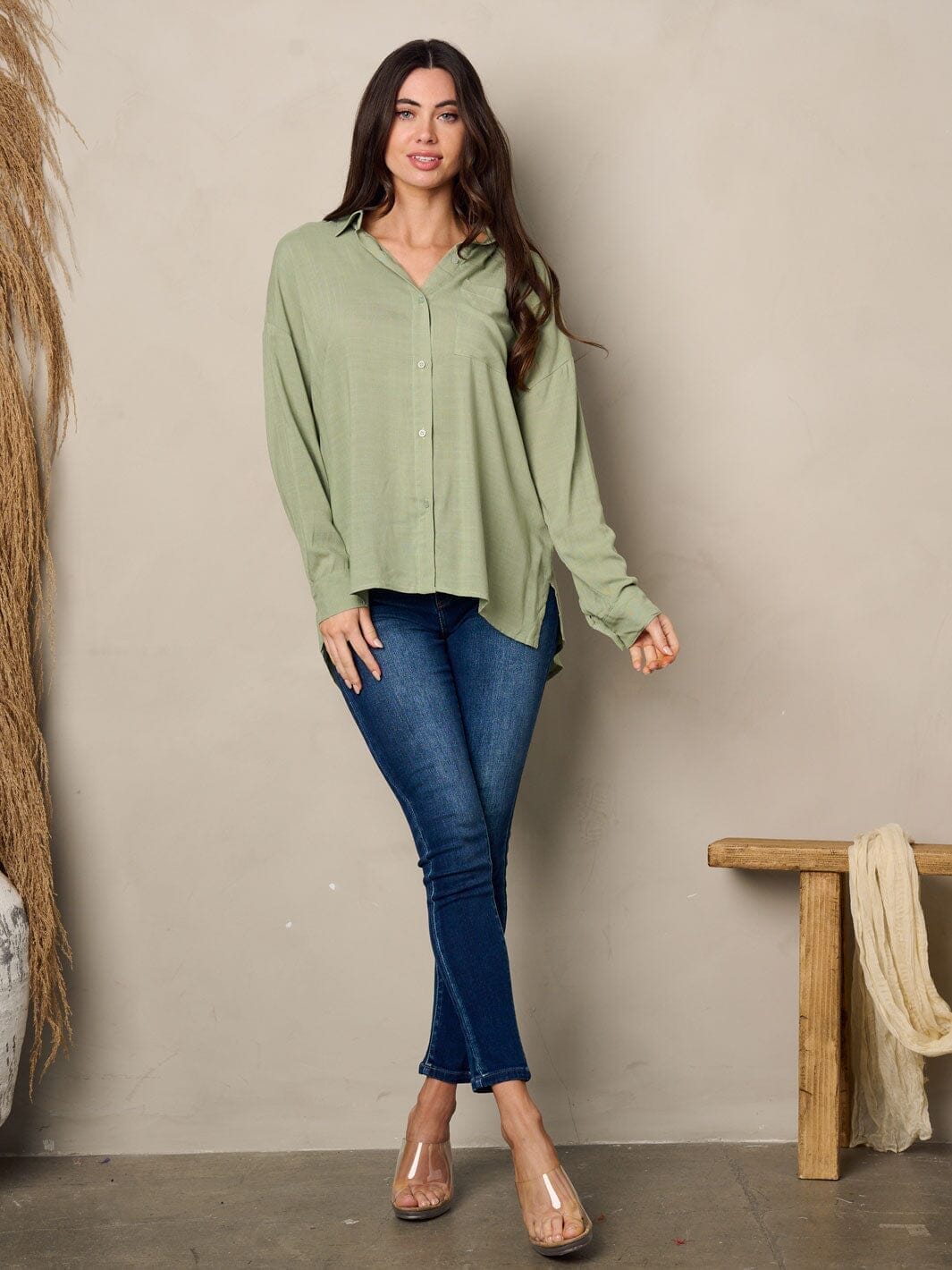 WOMEN'S LONG SLEEVE BUTTON UP BACK LACE UP TOP