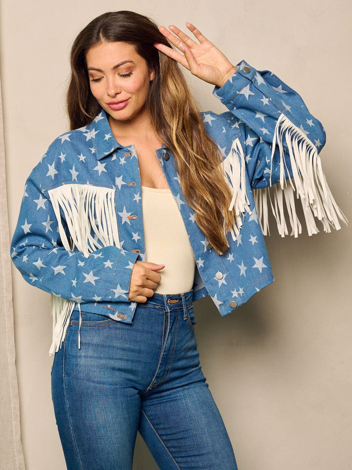 WOMEN'S LONG SLEEVE BUTTON UP STARS PRINT DENIM JACKET