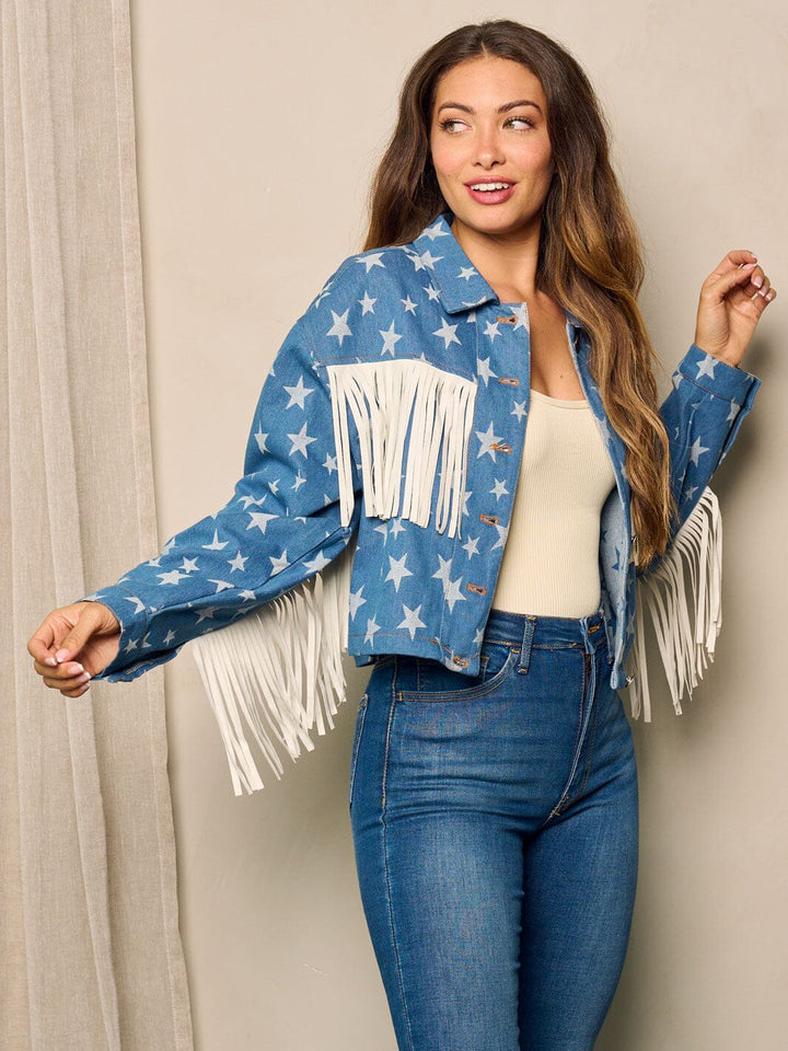 WOMEN'S LONG SLEEVE BUTTON UP STARS PRINT DENIM JACKET