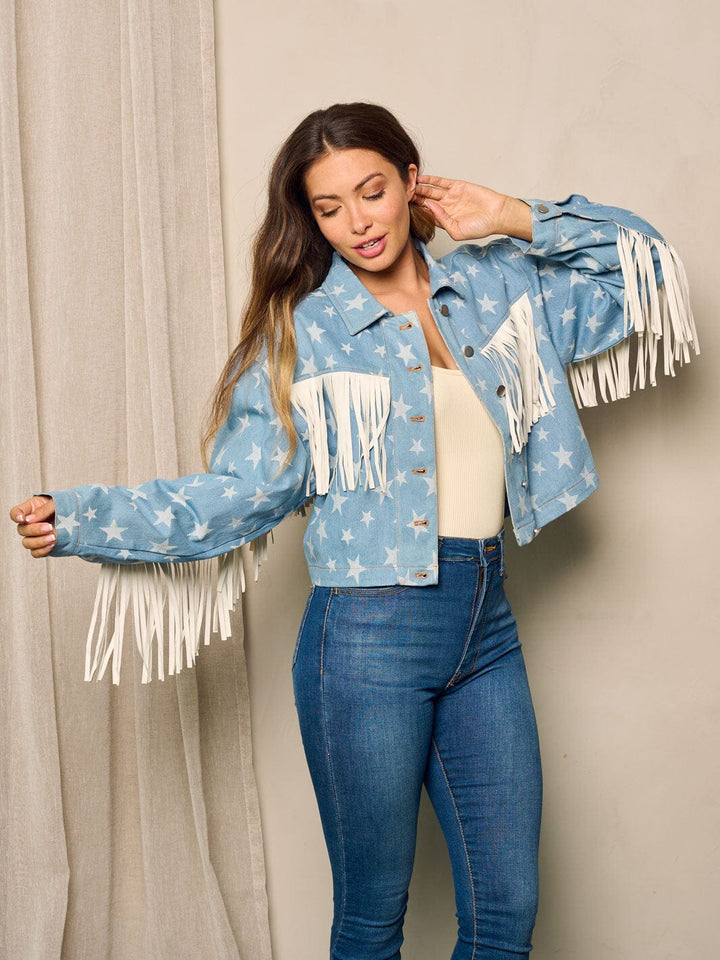 WOMEN'S LONG SLEEVE BUTTON UP STARS PRINT DENIM JACKET