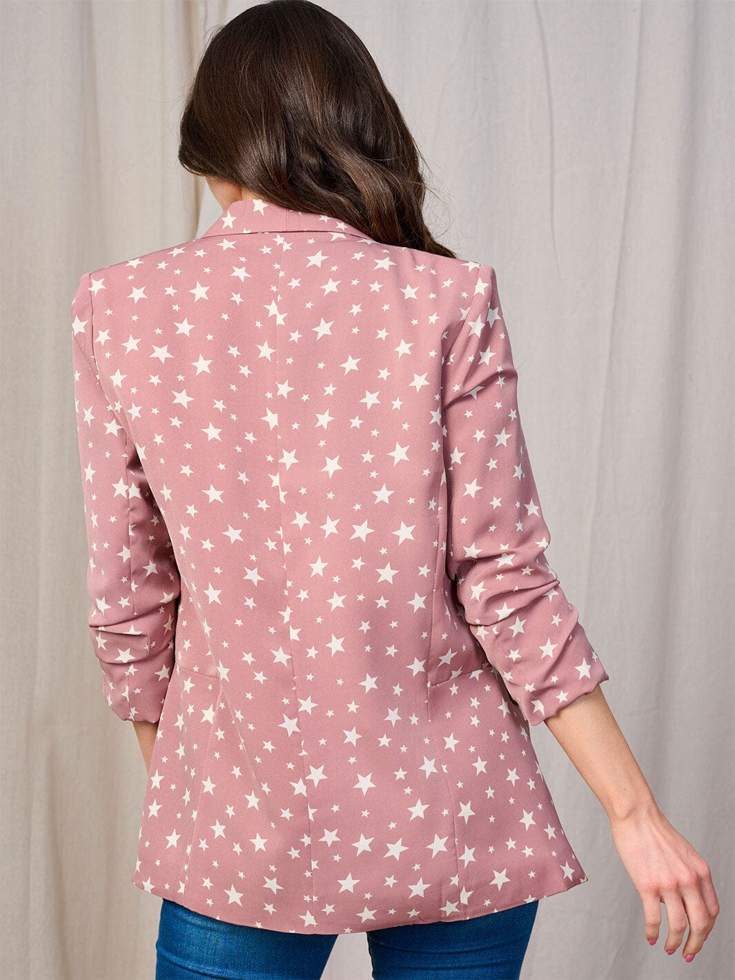 WOMEN'S 3/4 SLEEVE OPEN FRONT POCKETS STARS PRINT BLAZER