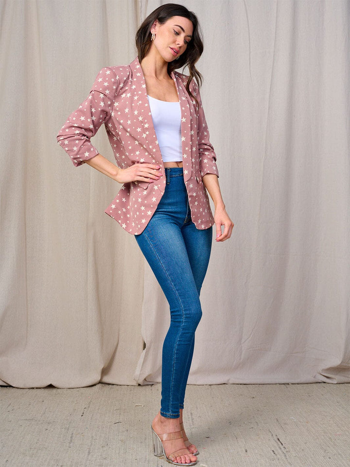 WOMEN'S 3/4 SLEEVE OPEN FRONT POCKETS STARS PRINT BLAZER