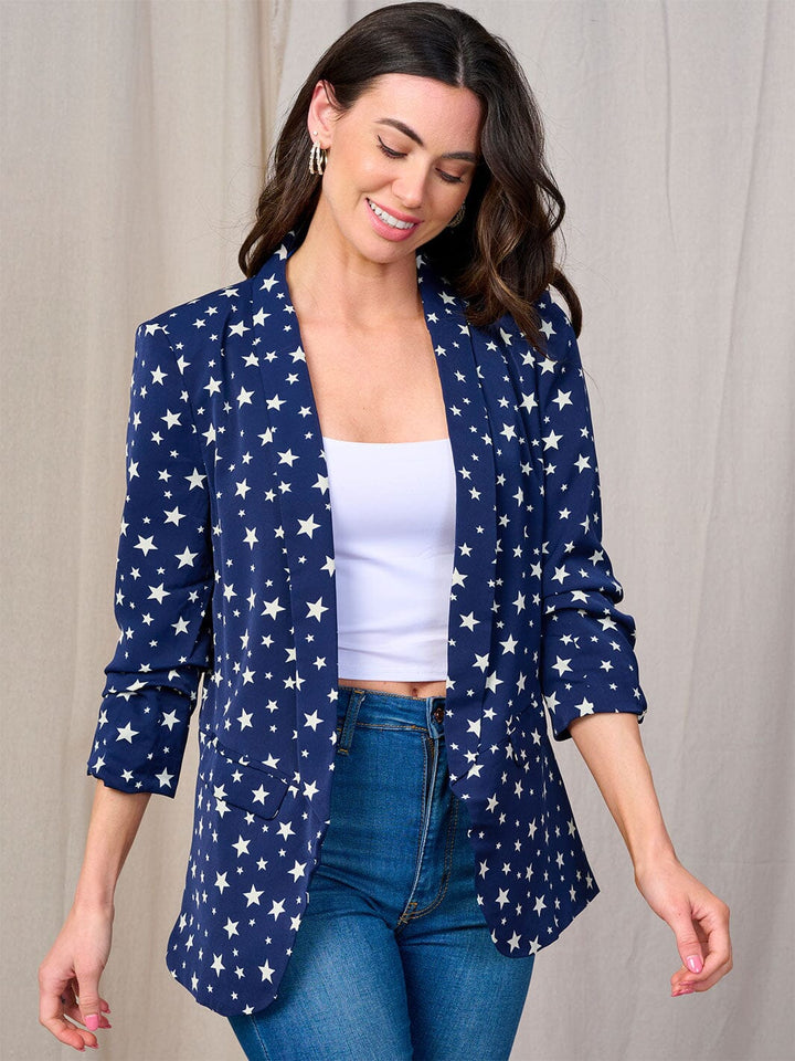 WOMEN'S 3/4 SLEEVE OPEN FRONT POCKETS STARS PRINT BLAZER