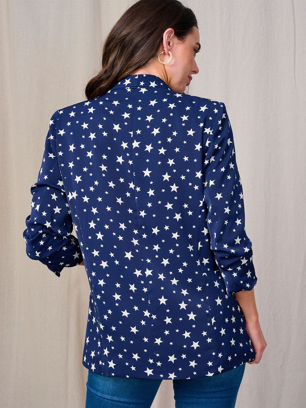 WOMEN'S 3/4 SLEEVE OPEN FRONT POCKETS STARS PRINT BLAZER