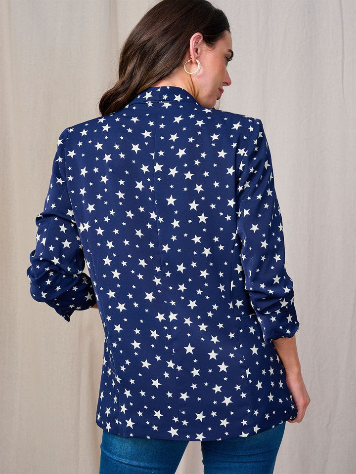 WOMEN'S 3/4 SLEEVE OPEN FRONT POCKETS STARS PRINT BLAZER