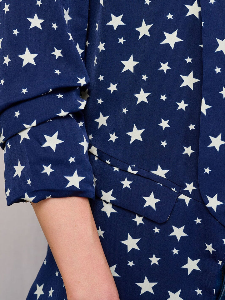 WOMEN'S 3/4 SLEEVE OPEN FRONT POCKETS STARS PRINT BLAZER
